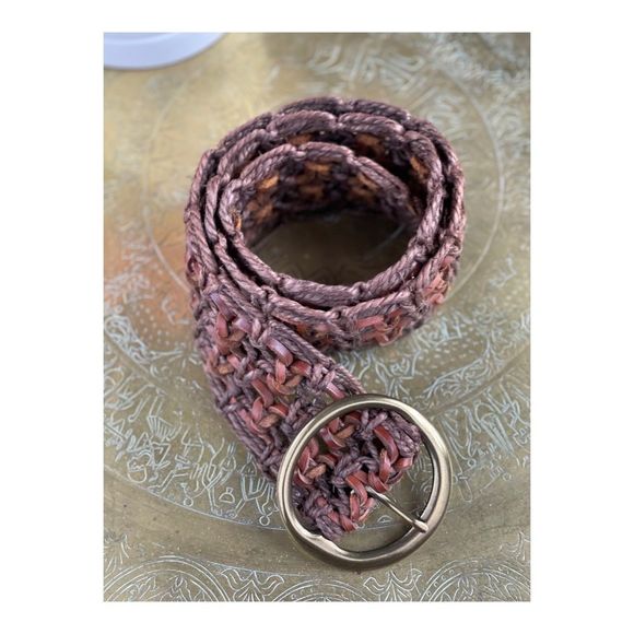 90s Y2K Wide Fisherman’s Belt Leather Twine Braided Large Brass Buckle - Picture 3 of 6